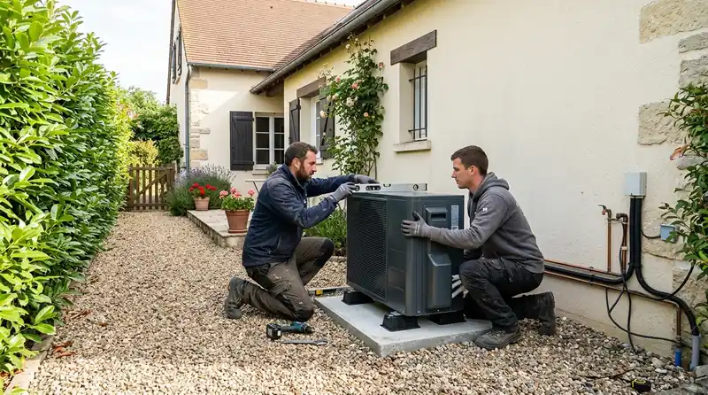 Installateur raccordant l'unité extérieure d'une pompe à chaleur dans le Allier
